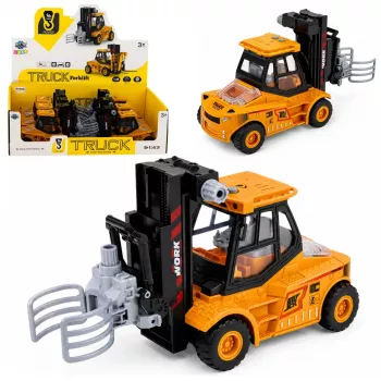 LEAN TOYS statybinė transporto priemonė šakininis krautuvas su reguliuojama griebtuvu šviesomis garsais geltonas 1:43