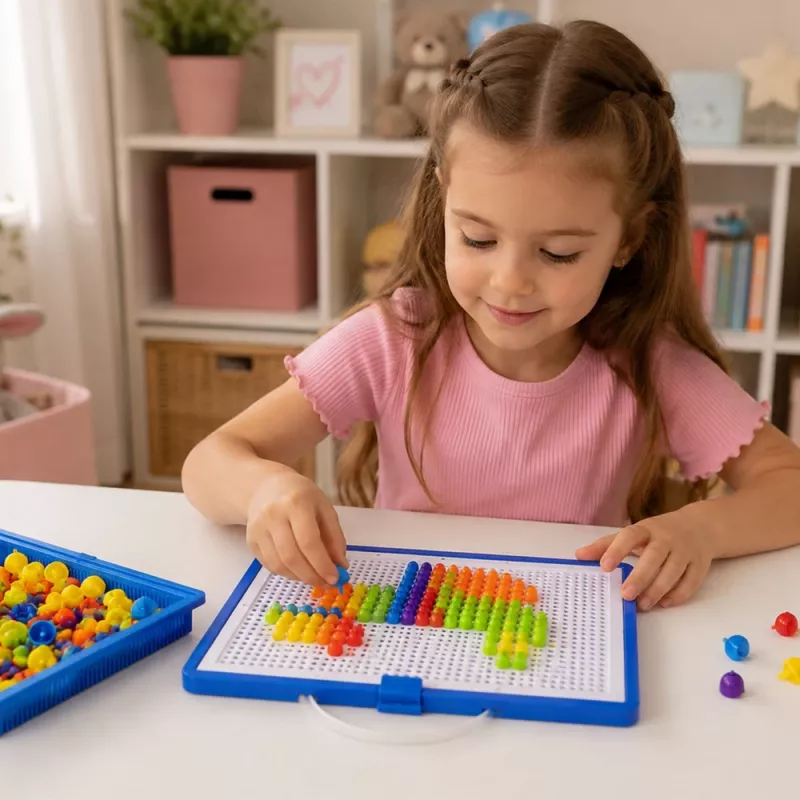 LEAN TOYS kūrybinis rinkinys Mygtukų mozaikos galvosūkis Grybų smeigtukai Lagaminas 300 vnt.