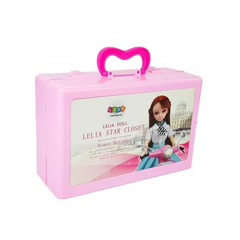 LEAN TOYS Lėlės modelio drabužių, aksesuarų ir papuošalų rinkinys lagamine