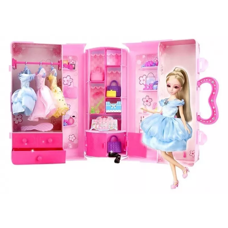 LEAN TOYS Lėlės modelio drabužių, aksesuarų ir papuošalų rinkinys lagamine