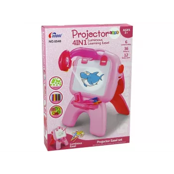 LEAN TOYS Dvipusė lenta su kreidelėmis, stovu, projektoriumi ir paveikslėliais, rožinė