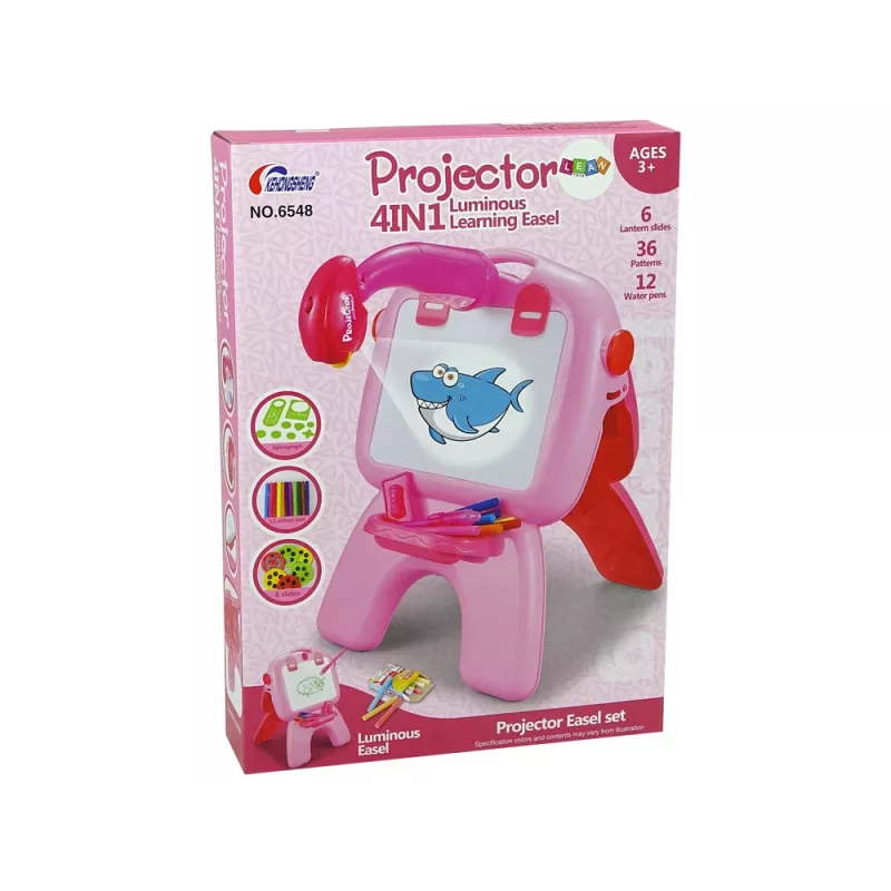 LEAN TOYS Dvipusė lenta su kreidelėmis, stovu, projektoriumi ir paveikslėliais, rožinė