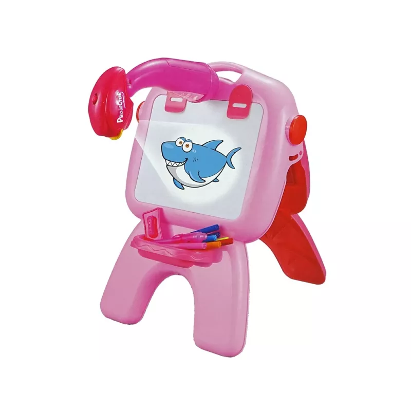 LEAN TOYS Dvipusė lenta su kreidelėmis, stovu, projektoriumi ir paveikslėliais, rožinė