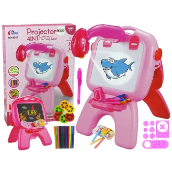 LEAN TOYS Dvipusė lenta su kreidelėmis, stovu, projektoriumi ir paveikslėliais, rožinė