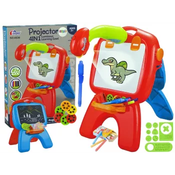 LEAN TOYS Dvipusė lenta su kreidelėmis, stovu ir projektoriumi paveikslėliams raudona