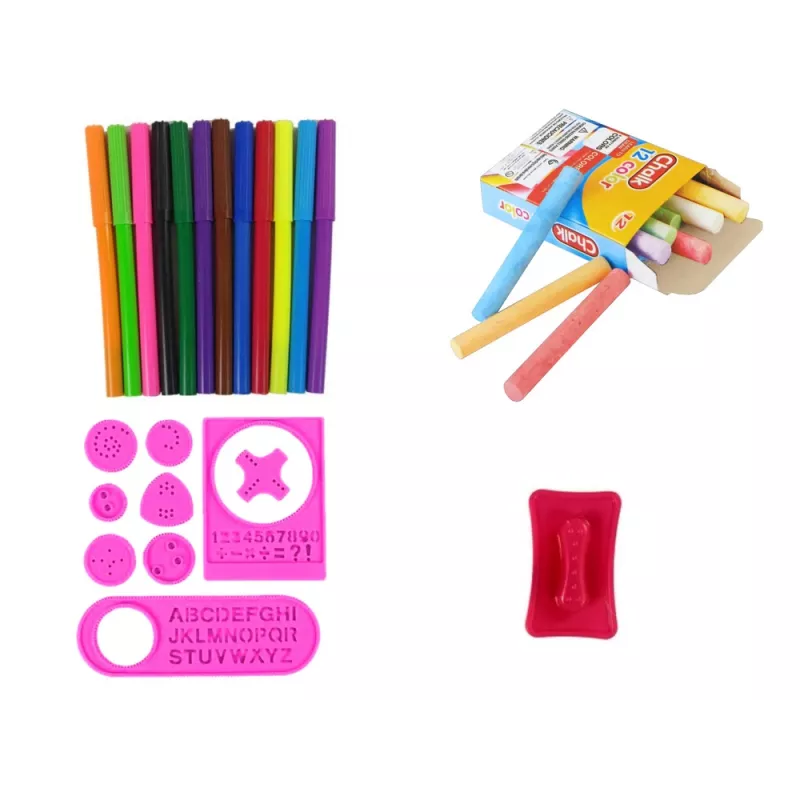 LEAN TOYS Dvipusė magnetinė kreidėlė rožinė su šablonais