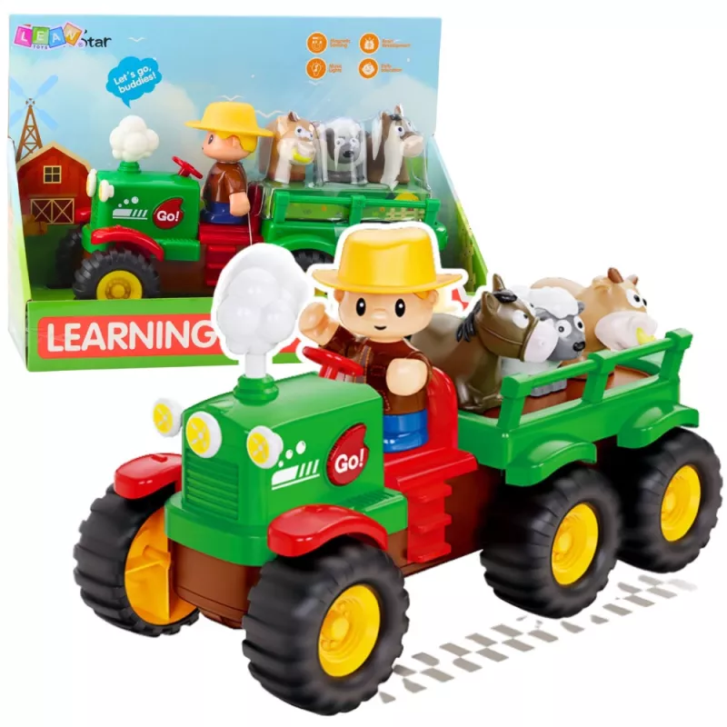 LEAN TOYS Mokomasis interaktyvus traktorius mažiems vaikams su gyvūnėliais, šviesomis ir garsais