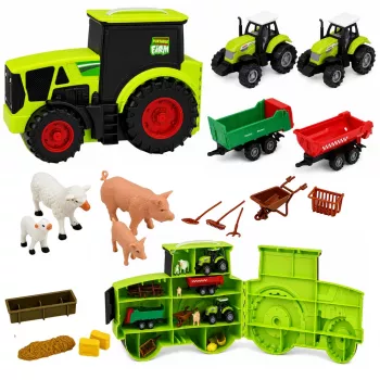 LEAN TOYS Ūkio rinkinys su traktoriumi, žemės ūkio transporto priemonėmis, gyvūnais ir aksesuarais – 28 dalių žaidimų rinkinys