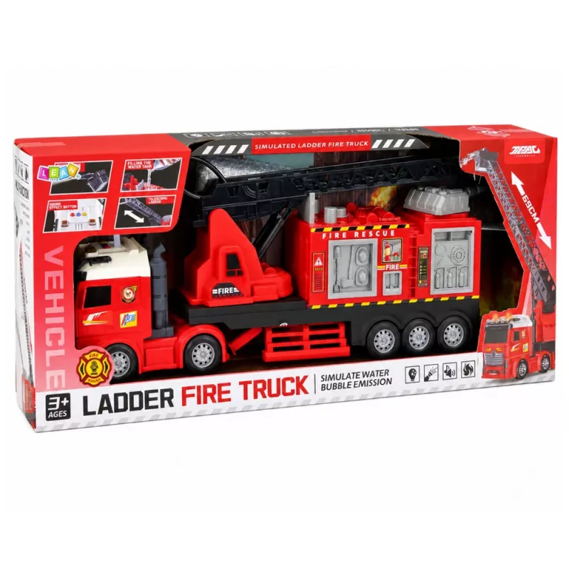 LEAN TOYS gaisrinis automobilis su ištraukiamu keltuvu iki 69 cm, šviesomis, garsais ir vandens patranka