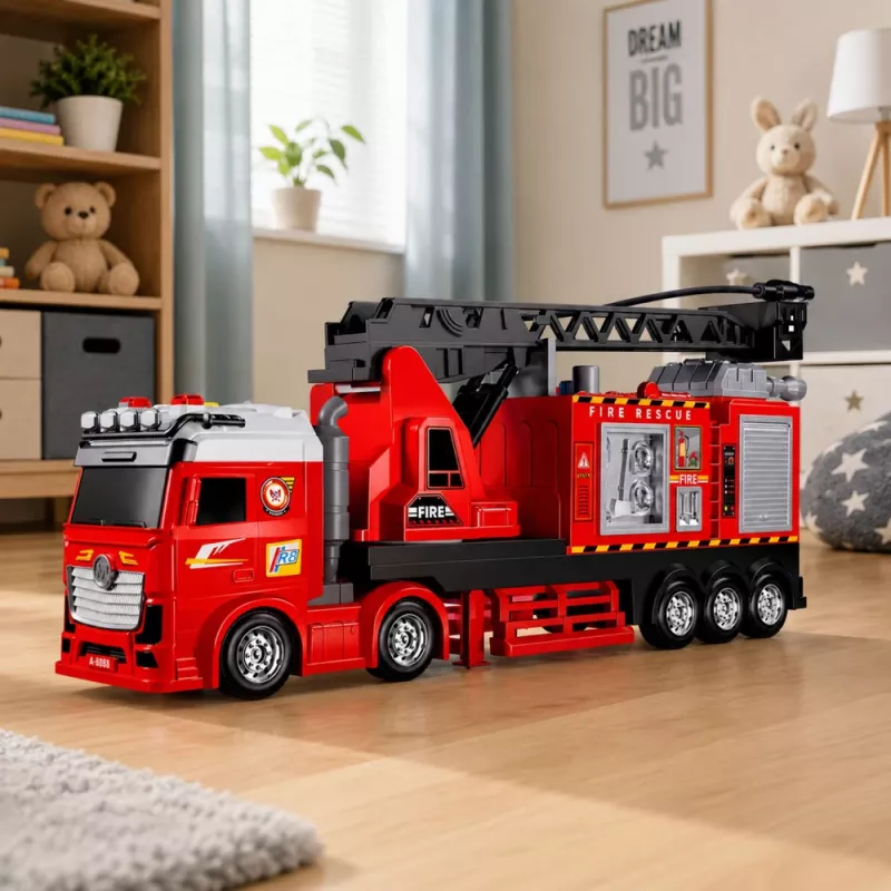 LEAN TOYS gaisrinis automobilis su ištraukiamu keltuvu iki 69 cm, šviesomis, garsais ir vandens patranka