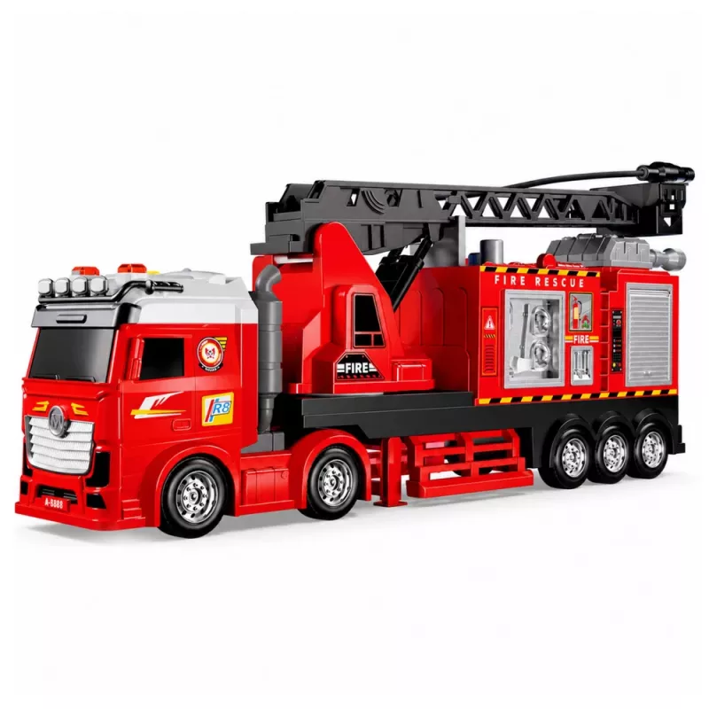 LEAN TOYS gaisrinis automobilis su ištraukiamu keltuvu iki 69 cm, šviesomis, garsais ir vandens patranka