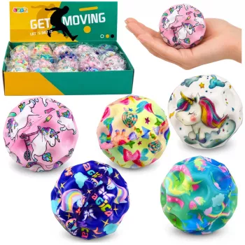 LEAN TOYS Putų kamuoliukas su įdubomis šokinėjimui, antistresinis, vienaragis, 7 cm