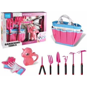 LEAN TOYS Sodo rinkinys su krepšiu, įrankiais, pirštinėmis, grėbliais, rožinis vienaragis