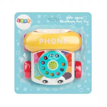 LEAN TOYS Interaktyvus spalvotas telefonas su ratukais, traukiamas virvute