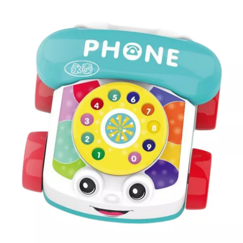 LEAN TOYS Interaktyvus spalvotas telefonas su ratukais, traukiamas virvute