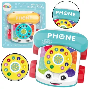 LEAN TOYS Interaktyvus spalvotas telefonas su ratukais, traukiamas virvute