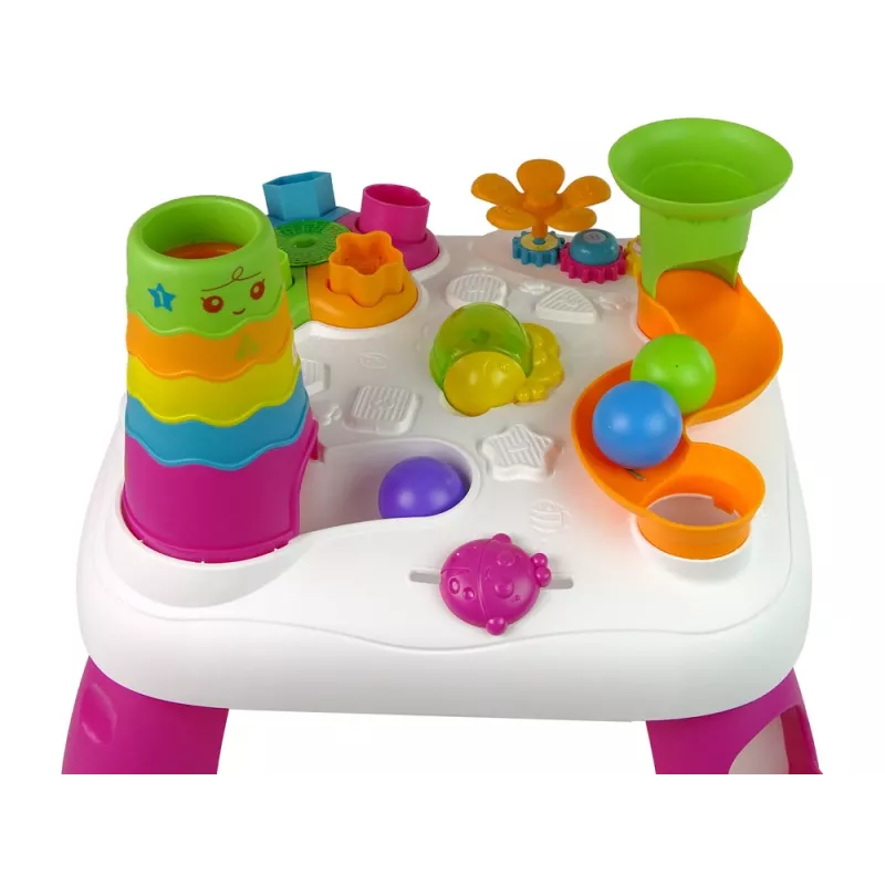 LEAN TOYS Interaktyvus edukacinis stalas su kamuoliukų rūšiavimu ir čiuožykla, rožinis