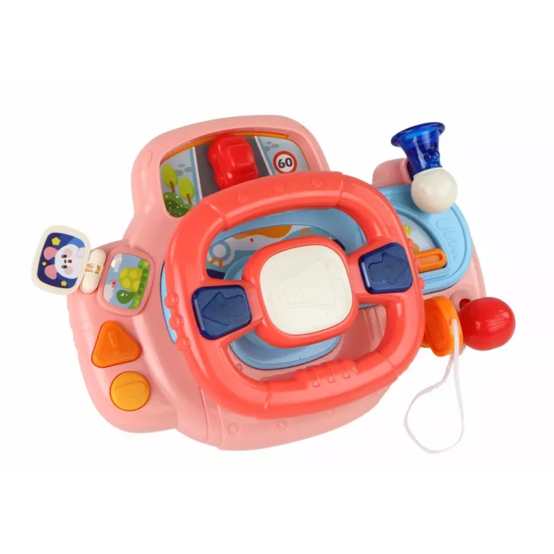 LEAN TOYS Interaktyvus rožinis vairo simuliatorius su vairavimo funkcijomis