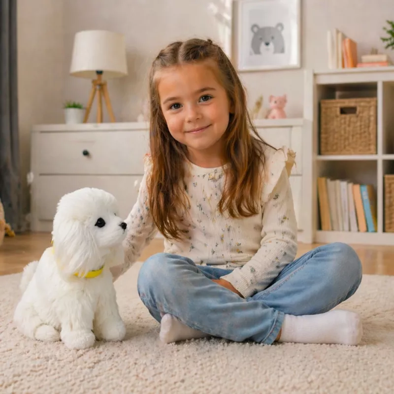 LEAN TOYS Interaktyvus pliušinis šuo minkštu kailiu, pudelis, glostykite jo galvą ir mokykitės funkcijų
