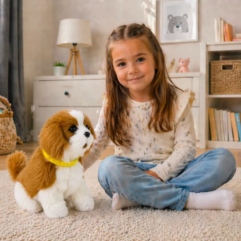 LEAN TOYS Interaktyvus pliušinis šuo minkštu kailiu, Kavalerio veislė, glostykite galvą ir mokykitės funkcijų