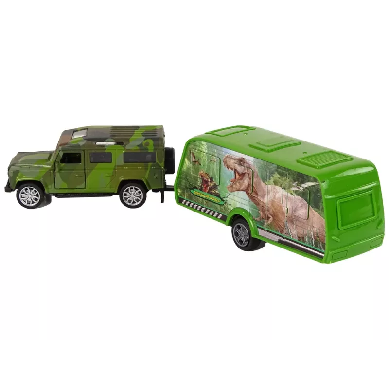 LEAN TOYS Jeep automobilio rinkinys su tempiamu dinozaurų priekaba