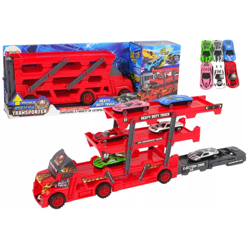 LEAN TOYS Didelis 3 aukštų sunkvežimio priekaba su ištraukiama automobilių paleidimo rampa