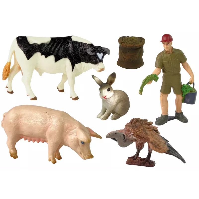 LEAN TOYS Didelių ūkio gyvūnų figūrėlių rinkinys + ūkininkas ir sodyba 10 vnt.
