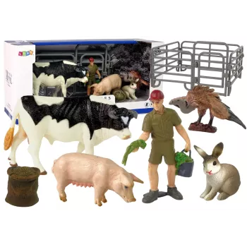 LEAN TOYS Didelių ūkio gyvūnų figūrėlių rinkinys + ūkininkas ir sodyba 10 vnt.