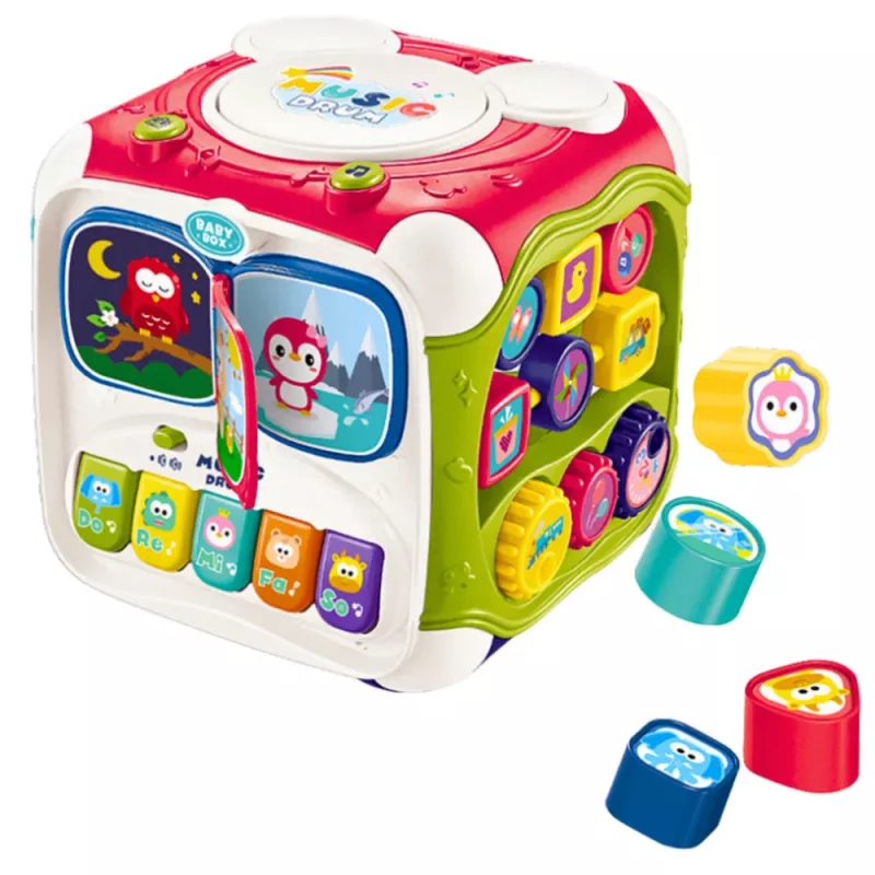 LEAN TOYS Didelis daugiafunkcinis edukacinis kubas pianinas rūšiuoklis būgnas – interaktyvus 6 pusių žaislas su šviesomis, garsais, karoliukų labirintu ir formų rūšiuokliu