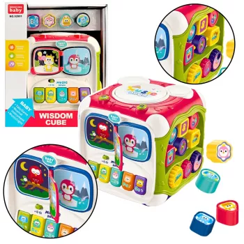LEAN TOYS Didelis daugiafunkcinis edukacinis kubas pianinas rūšiuoklis būgnas – interaktyvus 6 pusių žaislas su šviesomis, garsais, karoliukų labirintu ir formų rūšiuokliu