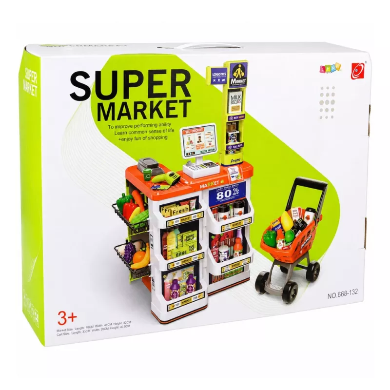 LEAN TOYS Didelis prekybos centro kasos aparato ir vežimėlio rinkinys - 60 dalių su šviesomis, garsais ir aksesuarais, vaidmenų žaidimo žaislas vaikams nuo 3 metų