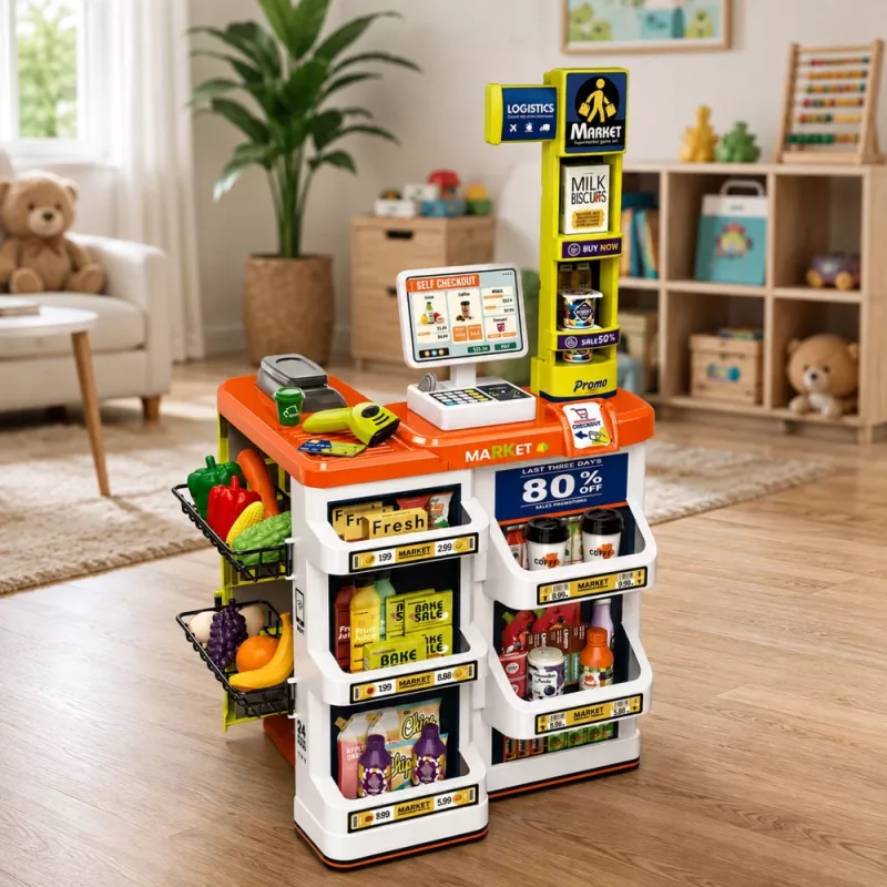 LEAN TOYS Didelis prekybos centro kasos aparato ir vežimėlio rinkinys - 60 dalių su šviesomis, garsais ir aksesuarais, vaidmenų žaidimo žaislas vaikams nuo 3 metų
