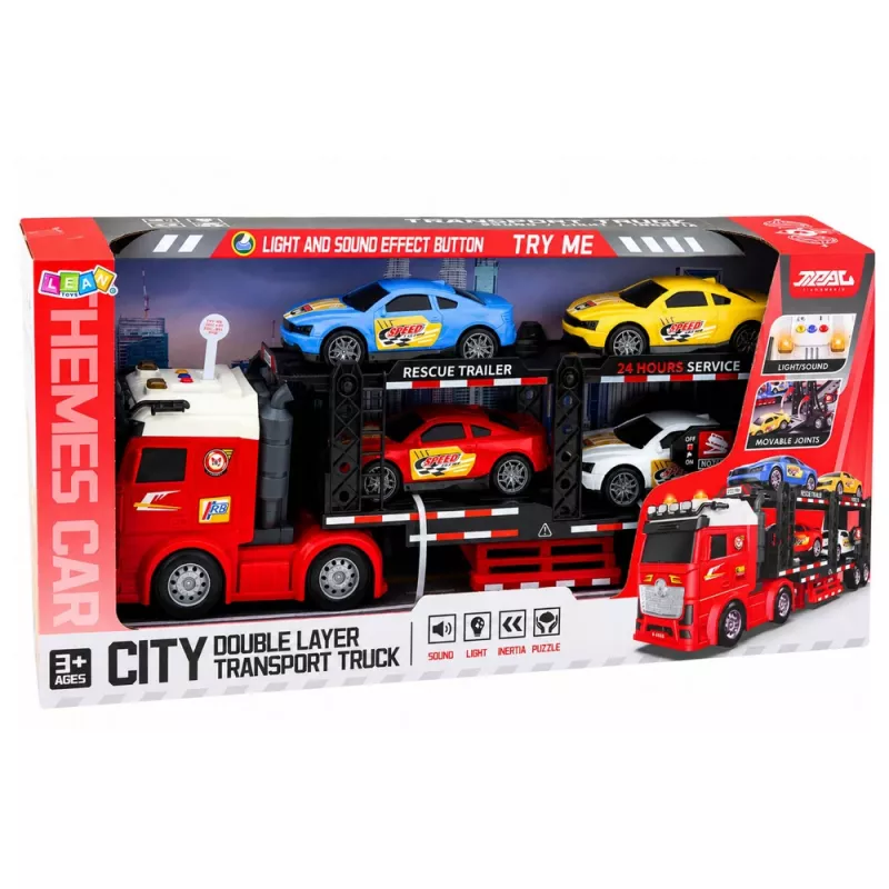 LEAN TOYS Lora Transporter vilkikas su 4 automobiliukais, šviesomis ir garsais – trinties varomas žaislinis automobilių vežėjas su atsegama priekaba