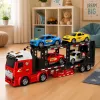 LEAN TOYS Lora Transporter vilkikas su 4 automobiliukais, šviesomis ir garsais – trinties varomas žaislinis automobilių vežėjas su atsegama priekaba