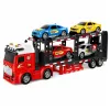 LEAN TOYS Lora Transporter vilkikas su 4 automobiliukais, šviesomis ir garsais – trinties varomas žaislinis automobilių vežėjas su atsegama priekaba