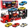 LEAN TOYS Lora Transporter vilkikas su 4 automobiliukais, šviesomis ir garsais – trinties varomas žaislinis automobilių vežėjas su atsegama priekaba