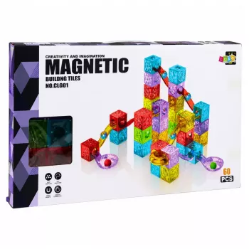LEAN TOYS Magnetiniai statybiniai blokeliai 60 vnt. – Spalvingas kubelių ir rutuliukų takelio konstravimo rinkinys
