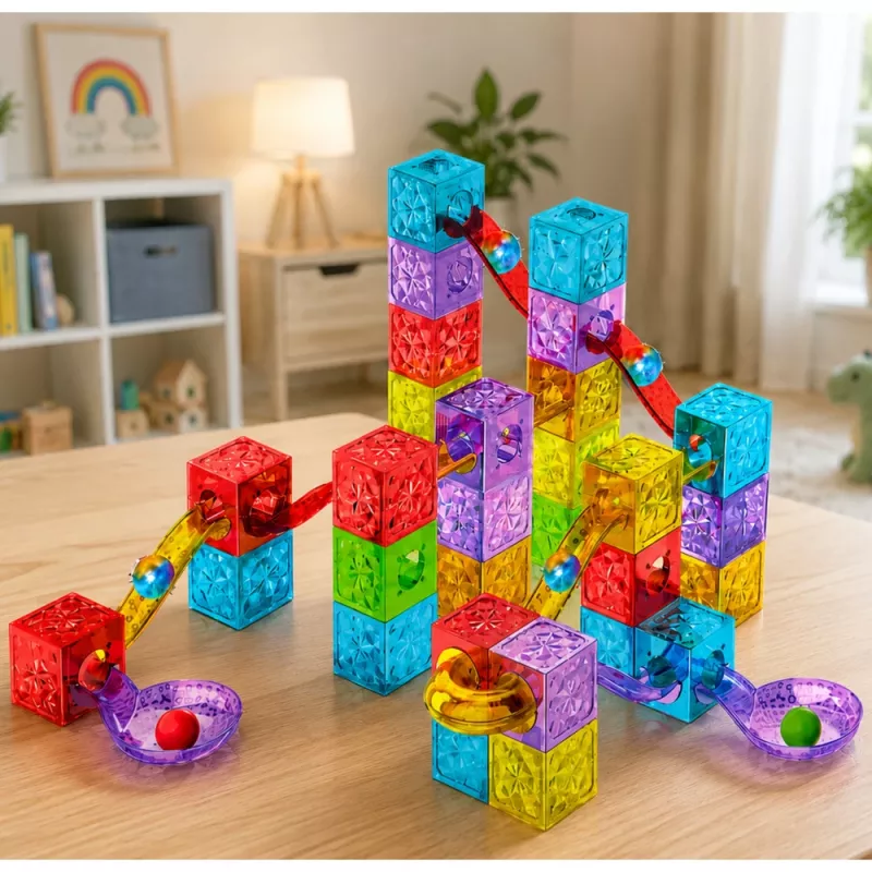 LEAN TOYS Magnetiniai statybiniai blokeliai 60 vnt. – Spalvingas kubelių ir rutuliukų takelio konstravimo rinkinys