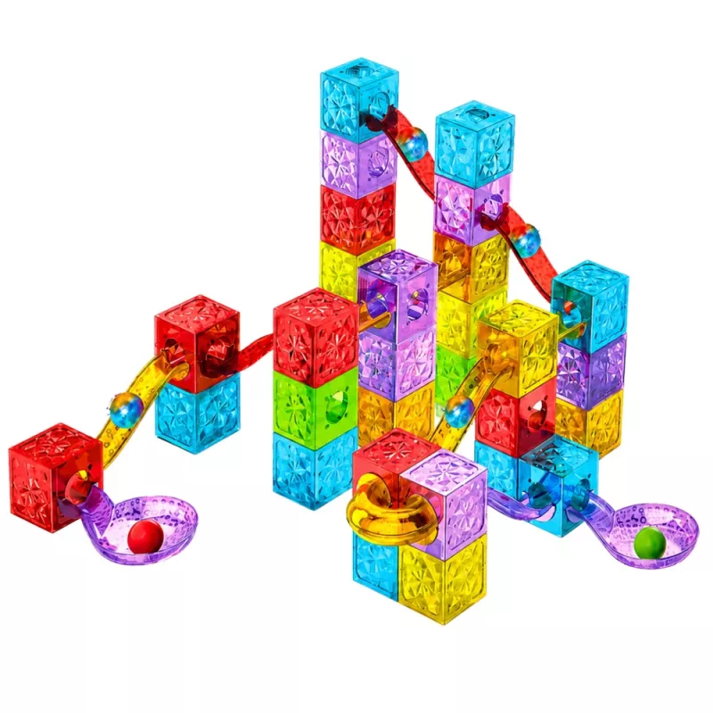 LEAN TOYS Magnetiniai statybiniai blokeliai 60 vnt. – Spalvingas kubelių ir rutuliukų takelio konstravimo rinkinys