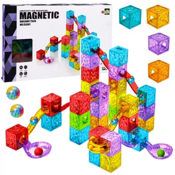 LEAN TOYS Magnetiniai statybiniai blokeliai 60 vnt. – Spalvingas kubelių ir rutuliukų takelio konstravimo rinkinys