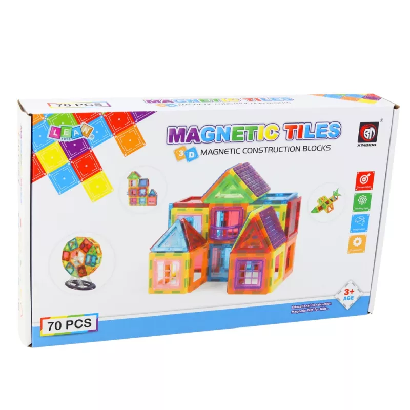 LEAN TOYS Magnetinių statybinių kaladėlių rinkinys, 70 vnt. – edukacinis STEM konstravimo žaislas su stipriais neodimio magnetais, įvairiaspalvis ABS plastikas, saugus ir patvarus vaikams nuo 3 metų