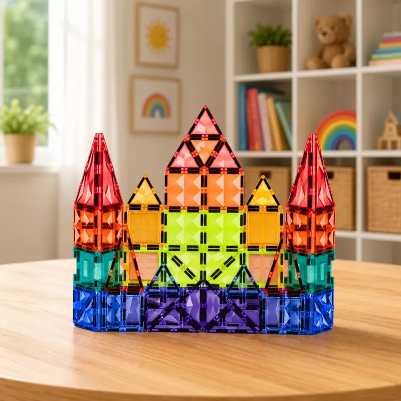 LEAN TOYS magnetiniai konstruktoriaus blokeliai 3D plokštės kūrybiniai STEM spalvingi 73 vnt.