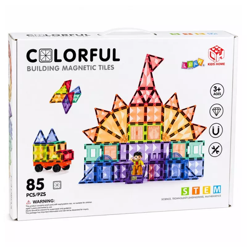 LEAN TOYS Magnetiniai konstrukciniai blokeliai 3D plokštės Kūrybiniai STEM Spalvoti 85 vnt.