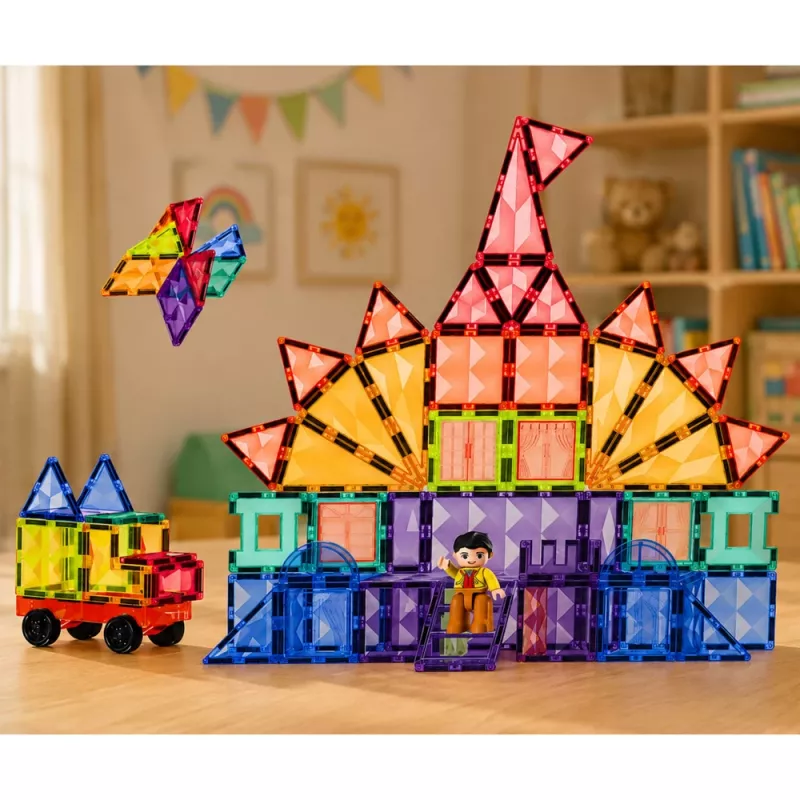 LEAN TOYS Magnetiniai konstrukciniai blokeliai 3D plokštės Kūrybiniai STEM Spalvoti 85 vnt.