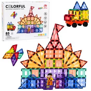 LEAN TOYS Magnetiniai konstrukciniai blokeliai 3D plokštės Kūrybiniai STEM Spalvoti 85 vnt.