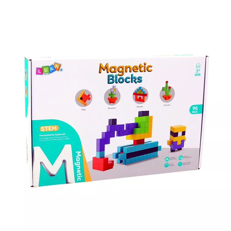 LEAN TOYS Magnetiniai konstrukciniai kubeliai 3D blokeliai spalvoti 96 vnt.