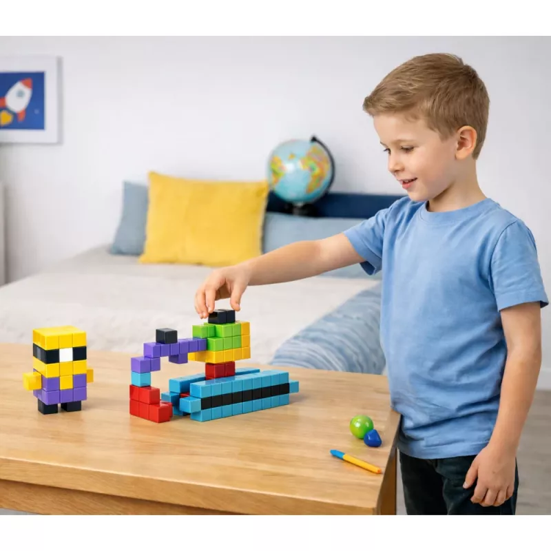 LEAN TOYS Magnetiniai konstrukciniai kubeliai 3D blokeliai spalvoti 96 vnt.