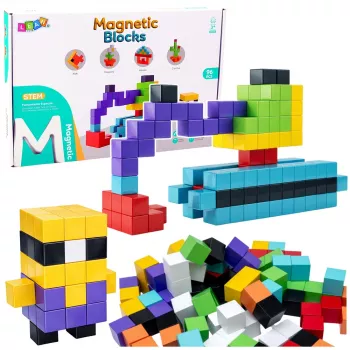 LEAN TOYS Magnetiniai konstrukciniai kubeliai 3D blokeliai spalvoti 96 vnt.