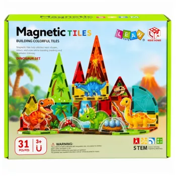 LEAN TOYS Magnetiniai konstrukciniai blokeliai Dinozaurai ir ugnikalnis 31 vnt.