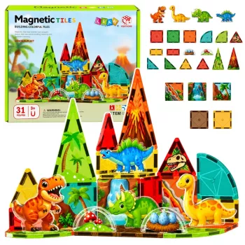LEAN TOYS Magnetiniai konstrukciniai blokeliai Dinozaurai ir ugnikalnis 31 vnt.